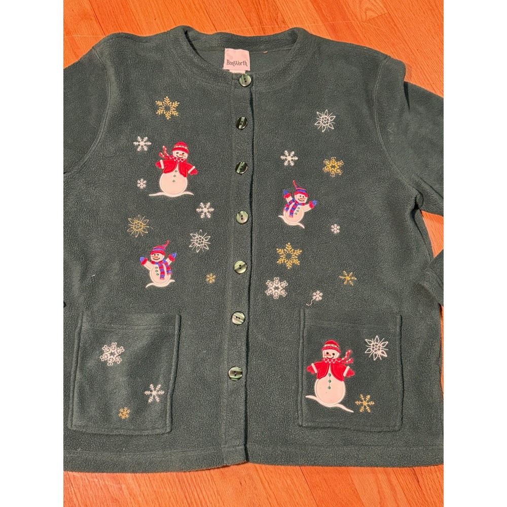 Bonworth Womens Large Green Fleece Snowman Embroidered Button Cardigan 35431 - Picture 5 of 8
